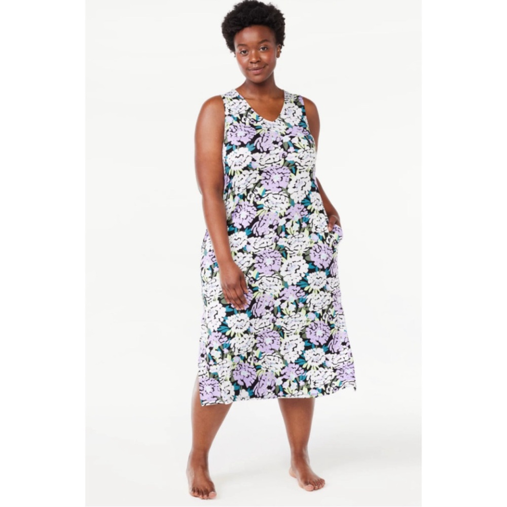 Joyspun Women’s Sleeveless Midi Sleep Chemise, Multi Floral